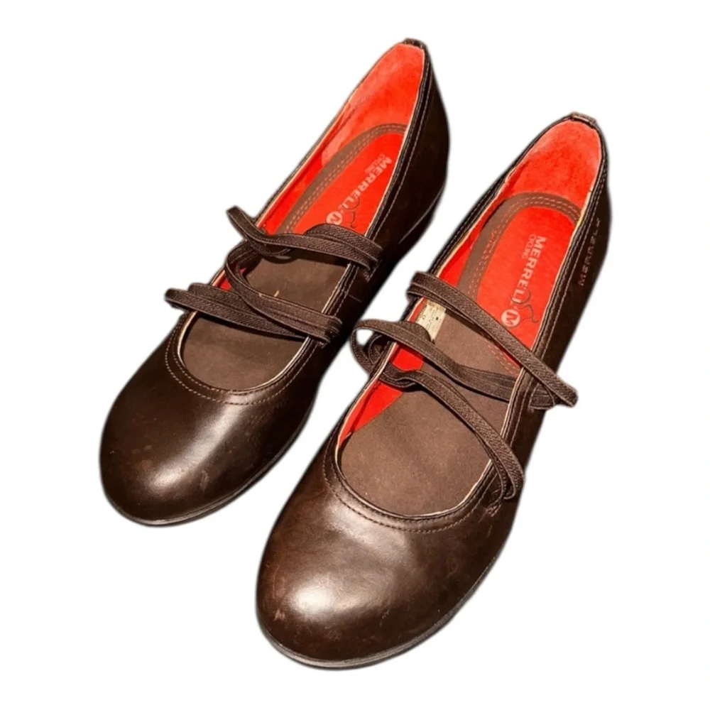 Merrell Evera Cross Mary Jane Brown Leather Comfort Heel Dark Academia Size 7